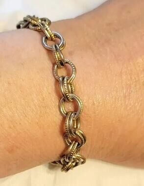 Vintage BSK Double Hoop Link Bracelet, Brassy Gold-tone Designer 7" gbr-69
